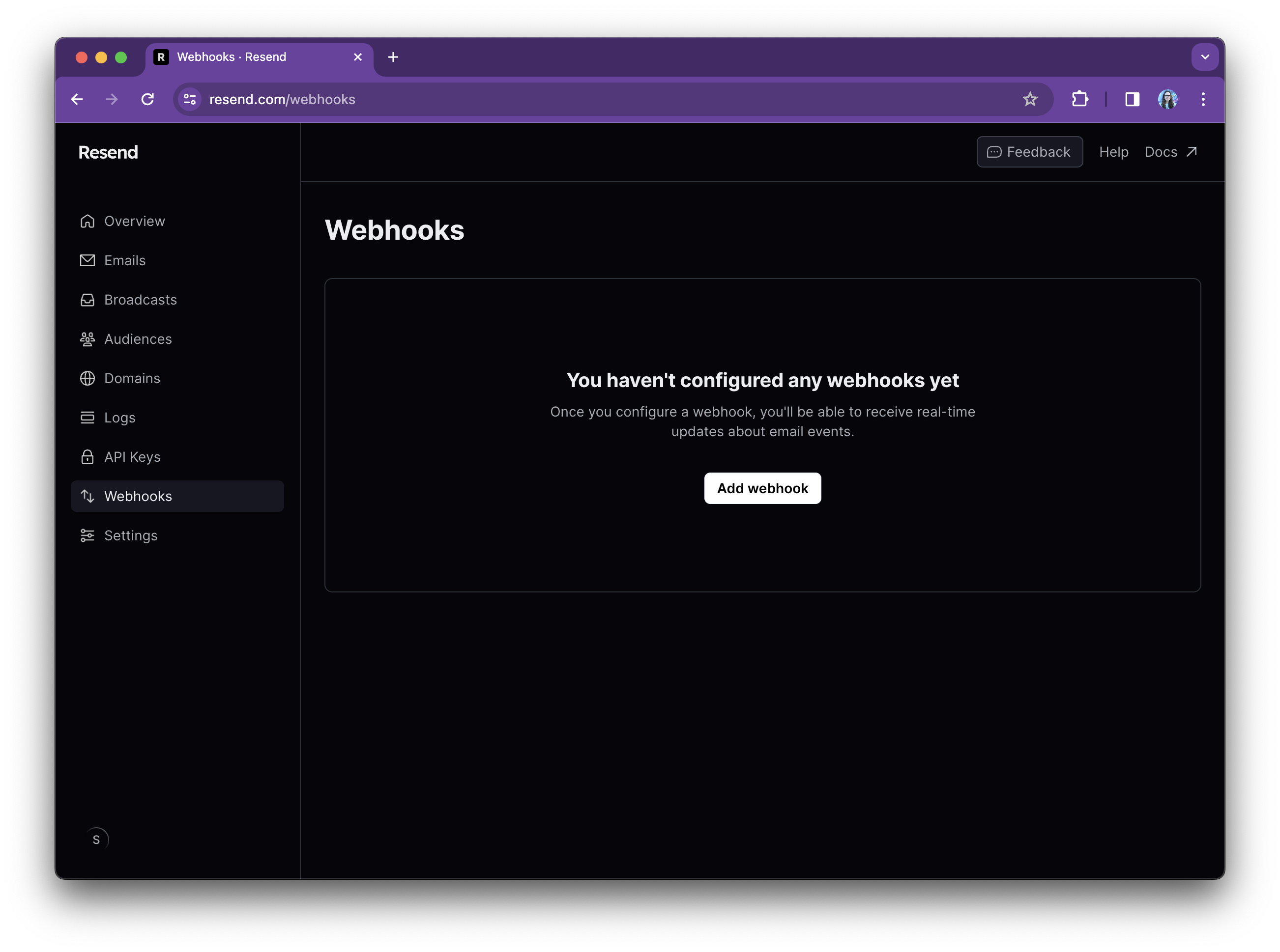 An empty webhook page on the Resend dashboard with a message: "You haven't configured any webhooks yet"